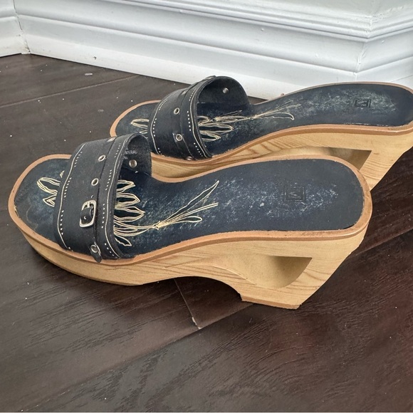 Vintage Y2K Navy Slide Sandals wooden heel wedge 8 Fairycore tropical summer - Picture 5 of 7